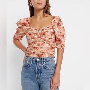 Express Floral Pintuck Pleated Blouse with Puff Sleeves Ruched Feminine NWT